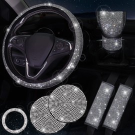 ToBeQueen Bling Car Accessories Set of 7,Crystal Rhinestone Diamond Car Interior Accessories,Bling Steering Wheel Cover,Bling Seat Belt Cover,Gear Shift Cover,Car Bling Ring,Bling Car Coasters,Silver