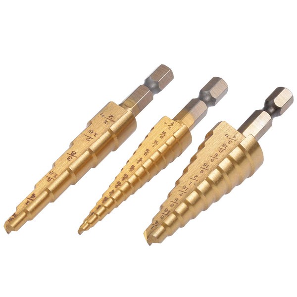 KATUR 3Pcs Classic Titanium Step Drill Bit Set, Universal Cone