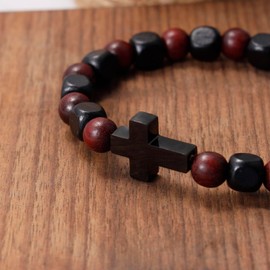 MILAKOO Mens Gifts Natural Wooden Stretch Bracelet Stainless Steel Cross Wrap Bracelets Adjustable