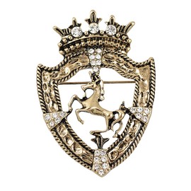 Fenni Jewelry Vintage Gold Tone Crown Horse Pin Brooch Retro Crystal Shield Badge Lapel Pin For Men Women (Gold)