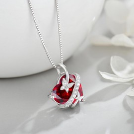 Veshon Butterfly Necklaces 925 Sterling Silver Love Heart Pendant Necklace with 13MM Garnet for January Birthstone, Christmas Birthday Jewelry for Women Mom Grandma Wife