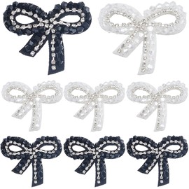 CABODYALS 8Pcs Beaded Bow Applique Rhinestone Bow Embroidered Patch Glitter White Black Crystal Bowknot Sew on Repair Badge Patches Bulk for Sewing Making Clothes Dress Crafts Backpacks Supplies