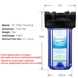 Geekpure 10-Inch Whole House Clear Water Filter Housing with Wrench and Bracket -4.5 x 10 Inch-1" Port-Pack of 2