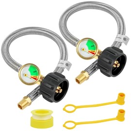 2 Pack 15" RV Propane Hose with Gauge, Stainless Steel Braided Camper Standard Tank Hose with 1/4" Male NPT and QCC1 Fittings, RV Gas Hose for Dual Stage Regulator