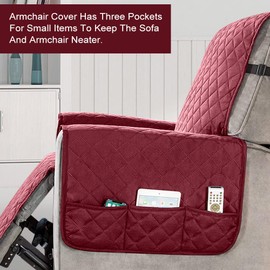 Recliner Chair Cover Pad with 6 Side Pockets, Reclining Chair Adjustable Soft Non-slip Buckles Protective Armchair Sofa Cushion Furniture Protector for Home with Children and Pets Dog (Small, Claret)