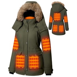 Hecusma Heated Jackets for Women with 18400mAh 12V Battery Pack Included, Parka Womens Heated Jacket with Detachable Hood Outdoor(Green,M)