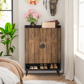 Tribesigns Shoe Cabinet with Doors, 7-Tier Shoe Storage Cabinet with Adjustable Shelves, Wooden Shoes Rack Shoe Storage Organizer for Entryway, Hallway, Closet, Living Room, Rustic Brown