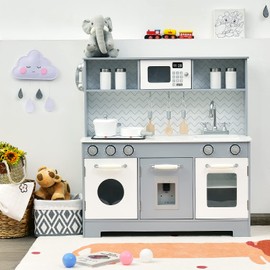 Costzon Kids Kitchen Playset, Wooden Pretend Cooking Playset w/Stove, Fridge, Microwave, Removable Sink, Water Dispenser w/Light Sound, Cabinets, Great Gift for Boys Girls