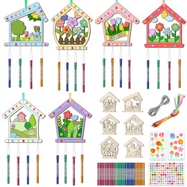 12PCS Birdhouse Wind Chime Kit for Kids Make Your Own Hollow Out Bird House Wind Chime DIY Coloring Wood Crafts Spring Wooden Arts and Crafts for Boys Girls School Activities Party Decoration
