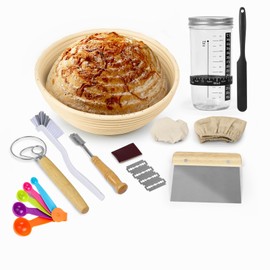 Bread Proofing Set,Sourdough Starter kit with 10 inch Round Rattan Proofing Basket,Thermometer Jar,Dough Whisk, Dough Scraper, Bread Lame and more,Sourdough Bread Making Supplies Tools for beginners