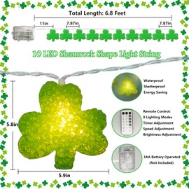 Green Shamrock Lights Battery Operated 6.8Ft 10 LED Lucky Clover Lights with Timer, Indoor St. Patricks String Light Outdoor String Light for Christmas Irish St Patricks Day Decor