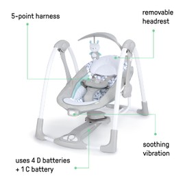 Ingenuity ConvertMe 2-in-1 Compact Portable Automatic Baby Swing & Infant Seat, Battery-Powered Vibrations, Nature Sounds, 0-9 Months 6-20 lbs (Raylan)