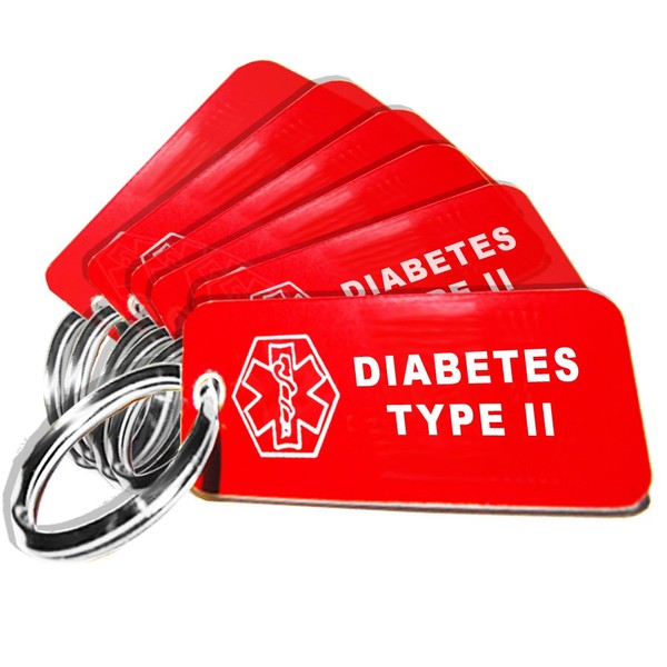My Identity Doctor - 6 Pre-Engraved Diabetes Type II Plastic Medical Alert ID Keychains, Small 2.25 x .79 Inch