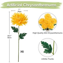 Hollyone 6Pcs Yellow Artificial Mums Flowers Large Faux Chrysanthemum Flowers Silk Flower 25.6" Long Stem Spider Mum Flower Spring Summer Floral Arrangements Bouquets Fake Pincushion for Home Decor