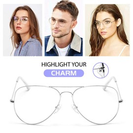 Dollger Date Glasses, Fashion Glasses, Non-Degree, Lightweight, UV Protection, UV Protection, Aviator Glasses, Transparent Lens, Metal Frame, Small Face Effect, Silver