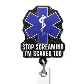 YAZMEEN Funny Nurse Badge Reel Gifts - Stop Screaming I'm Scared Too - Retractable Badge Holder with Clip - Black Glitter Acrylic ID Card Holder - Gifts for EMS EMT Nurse Paramedic First Responder