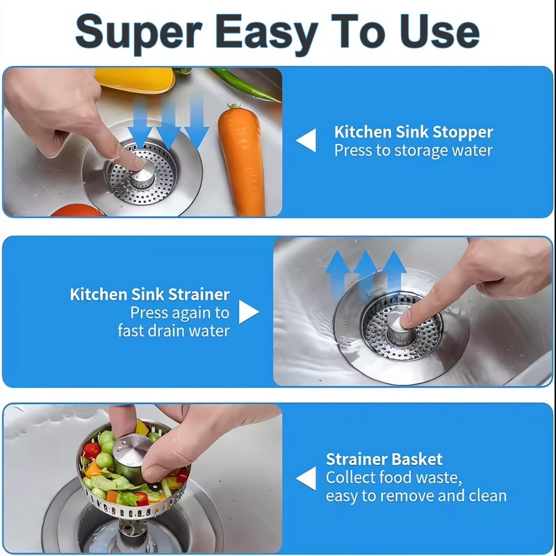 Naturezhen Universal 3-in-1 Kitchen Sink Drain Strainer, 304 All Stainless