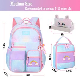 Jcobvig 3Pcs Kids Backpack For Girls,Cute Rainbow Student School Backpack With Lunch Bag Pen Bag Set (Blue Medium 16.5in