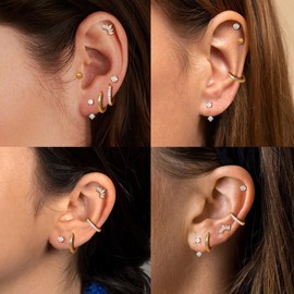 Finrezio 6 Pairs Silver Stud Hoop Earrings Set for Women 14K Chunky Gold Earrings Stud Hypoallergenic Earring Sets for Multiple Piercings Cartilage Earrings Small Huggie Hoop Earrings Set