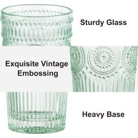 CREATIVELAND Colored Vintage Drinking Glasses Set of 4, 11.84 oz Romantic Embossed Water Glasses, Colored Tumblers Tempered Glass for Juice, Beverages, Beer, Cocktail