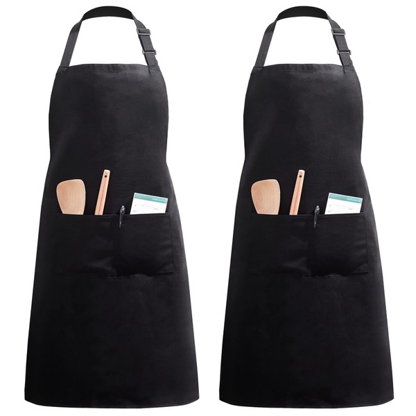 InnoGear 2 Pack Unisex Adjustable Bib Apron with 2 Pockets Cooking Kitchen Chef Women Men Aprons for Home Kitchen, Restaurant, Coffee house (Black Polyester)