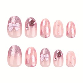 ANDGING Oval Pink Press on Nails Extra Short Fake Nails with 3D Heart Rhinestone Bow Designs Fantasy Gel Manicure Glue on Nails for Wedding Stick on Nails Acrylic False Nails for Women 24 Pcs