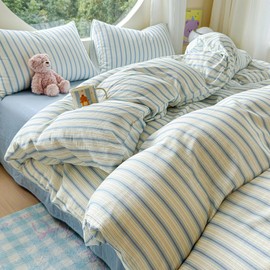 HighBuy Muslin Duvet Cover Full,Blue Gingham Pattern Linen Cotton Breathable Bedding Set 3 Piece for Girls Boys Shabby Chic Striped Comforter Cover with Zipper Ties,Cozy Gauze,Full Set