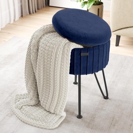 STORAGEBUD Round Ottoman with Storage, Pleated Velvet Storage Ottoman, Foot Stool Ottoman, Makeup Vanity Stool, Small Ottoman Foot Rest, Modern Ottomans for Living Room and Bedroom, Blue