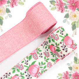 Threetols 2 Rolls 10 Yards Floral Wired Edge Ribbon, 2.5inch Pink Flower Burlap Ribbon, Pink Gift Wrapping Ribbon for Farmhouse Party DIY Craft Spring Wreaths Bow Decoration