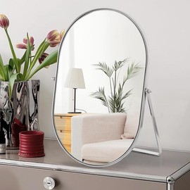Vanity Desk Table Mirror Oval Makeup Mirror 90°Adjustable Rotation Golden Metal Framed Standing - Color: Ovalsilver, Size: 11.8"L x 8.7"W