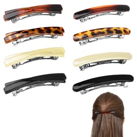 TNJPSEK 8 Pcs French Barrette Hair Clips for Women, 2.56 Inch Tortoise Shell Hair Clips, 2 Style Small Size Curved Glossy Thin Flat Hair Accessories for Fine Hair (Black, White, Leopard & Amber)