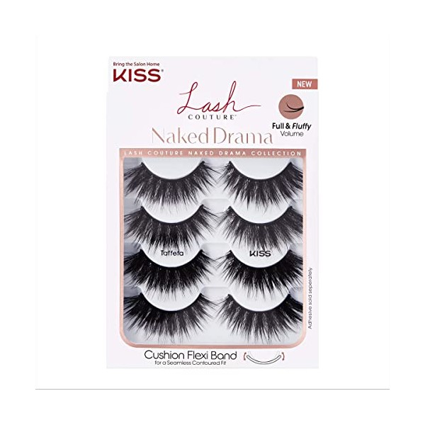 KISS Lash Couture Naked Drama Collection Multipack, Full & Fluffy Volume 3D Faux Mink Reusable False Eyelashes, Cushion Flexi Band & Split-Tip Technology, Style ‘Taffeta’, 4 Pairs