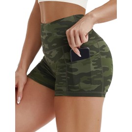 BUBBLELIME 2.5"/4" Stretch Yoga Shorts for Women Tummy Control - 2.5" Side Pockets_Green CAMO X-Large (2.5" Inseam)