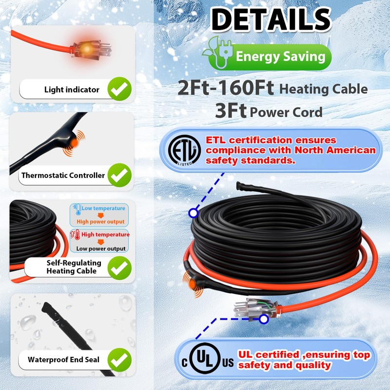 HEATIT 40ft Self-Regulating Heating Cable for Pipe Freeze Protection, Pipe