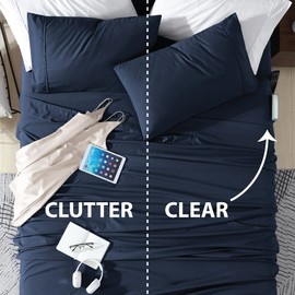 Swift Home Smart Sheets, Ultra Soft Brushed Microfiber 4-Piece Sheet Set, Fitted Bed Sheet with Side Storage Pockets – Navy, Full