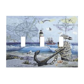 Spshian Light Switch Cover Sea Ocean Sand Coast Compass Ship Lighthouse Anchor 3 Gang Wall Plate Triple Light Switch Plate Toggle Decorative Outlet Covers Electrical Switchplate for Bathroom Decor