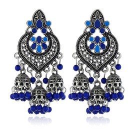 Boho Chandellier Jhumka Statement Dangle Earrings for Women Vintage Large Flower Ball Bead Tassel Drop Dangling Earring Indian Bollywood Jewelry Holiday Festival Christmas (Silvery-Blue)