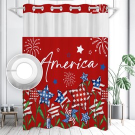 Ticuenicoa 4th of July Shower Curtain,74x71 Inch,No Hook with Snap in Liner Set, Red White Blue Patriotic Star Firework Design for Independence Day & Holiday Celebration