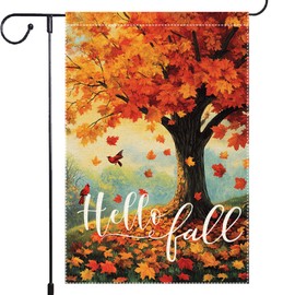 Hello Fall Maple Tree Garden Flag Decor for Outside, Double Sided Burlap Vertical Yard Banners Autumn Garden Flags Villa Small Outdoor Decorative 12.5x18 Inch