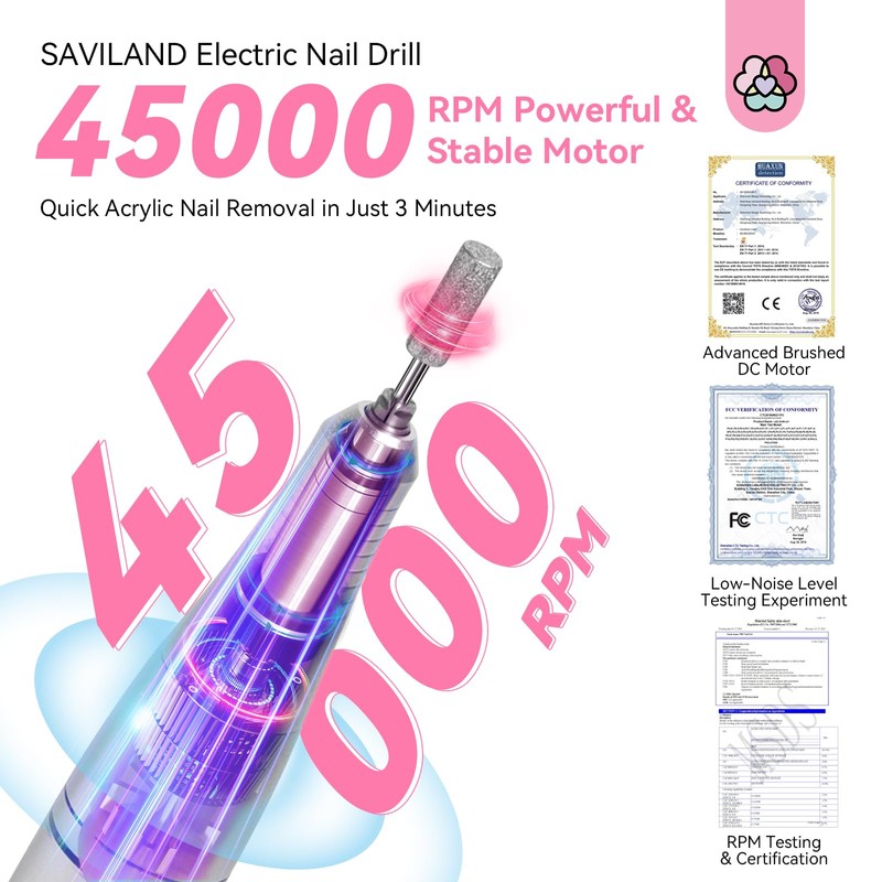 SAVILAND 45000 RPM Portable Nail Drill Machine Colorful Pink