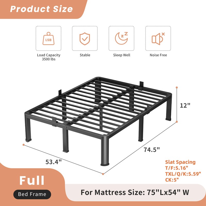 VIPSHOW 12 Inch Full Heavy Duty 3500 lbs Bed Frame