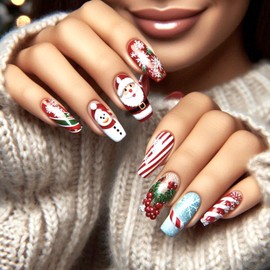 24pcs Christmas Press on Nails Fake Nails Long Coffin with Xmas Striped Snowman Santa Claus Design Glossy Winter False Nail Square Press On DIY Xmas Nails Artificial Glue on Nail for Women