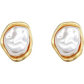Baroque Pearl Stud Earrings For Women 14k Gold Plated Irregular Pearl Earrings Chunky Big Pearl Earring Vintage Pearl Statement Earring Jewelry Gift For Women (Gold)