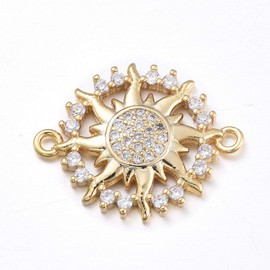 Fashewelry 10Pcs Cubic Zirconia Sun Charm Links 2-Hole Golden Plated Pendant Connectors with Micro Pave Crystal Clear CZ Stones for Necklace Bracelet Earring Jewelry Craft Making