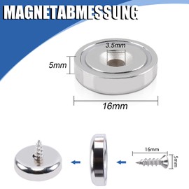 Pack of 10 Neodymium Magnets with Hole Neodymium Magnets Extra Strong 6 kg Force 16 x 5 mm with Hole and Capsule, Countersunk Pot Magnet with Screws Strong Magnets for Kitchen Fridge, Bathroom,