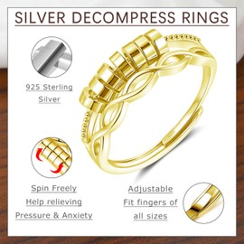 Estrellique Silver 925 Anxiety Rings, 925 Sterling Silver Anti-Stress Rings, Open Adjustable Anxiety Ring with Beads, Spinner Fidget Ring with Zirconia, Unisex Decompression Rings for Anxiety People
