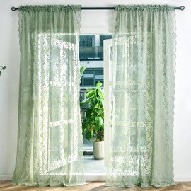 FINECITY Sage Green Sheer Curtains 90 Inches Long for Living Room, Rustic Leaf Floral Spring Sheer Curtains 2 Panels Set, Rod Pocket Privacy Vintage Sheer Lace Curtains, 52 x 90 Inch, Sage Green