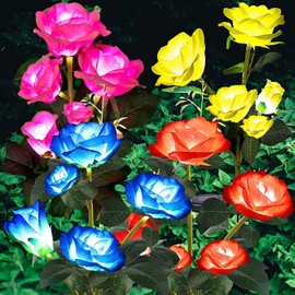 ANGMLN 4 Pack Solar Flowers Lights Garden Decorative, 7 Color Changing Solar Rose Flower Lights 20 Head for Pathway Patio Yard Party Wedding or Cemetery Outdoor Decor (Red, Pink, Yellow, Blue)