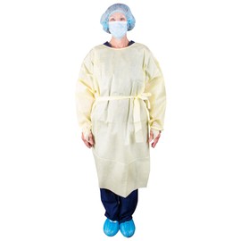 Certified AAMI Level-2 Isolation Gown, Yellow, Universal Size, Over-the-Head Design with Elastic Wrist & Thumb Loop, Case of 100 = 10-Packs of 10 Each, Latex-Free Medical Grade Disposable Gowns