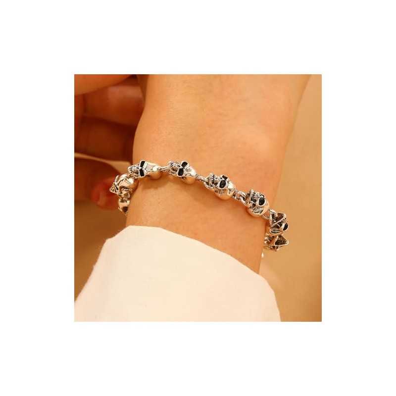 IXDEAXLY Punk Stainless Steel Skull Linked Chain Bracelet Skull Jewelry